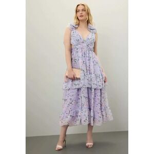 Mac Duggal Floral Chiffon Tiered Midi Dress Lilac Purple Ruffle Back size 12